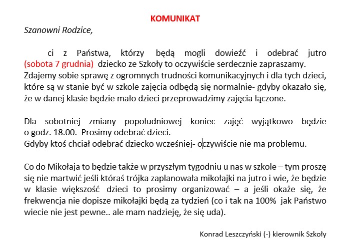 KOMUNIKAT DO RODZICÓW