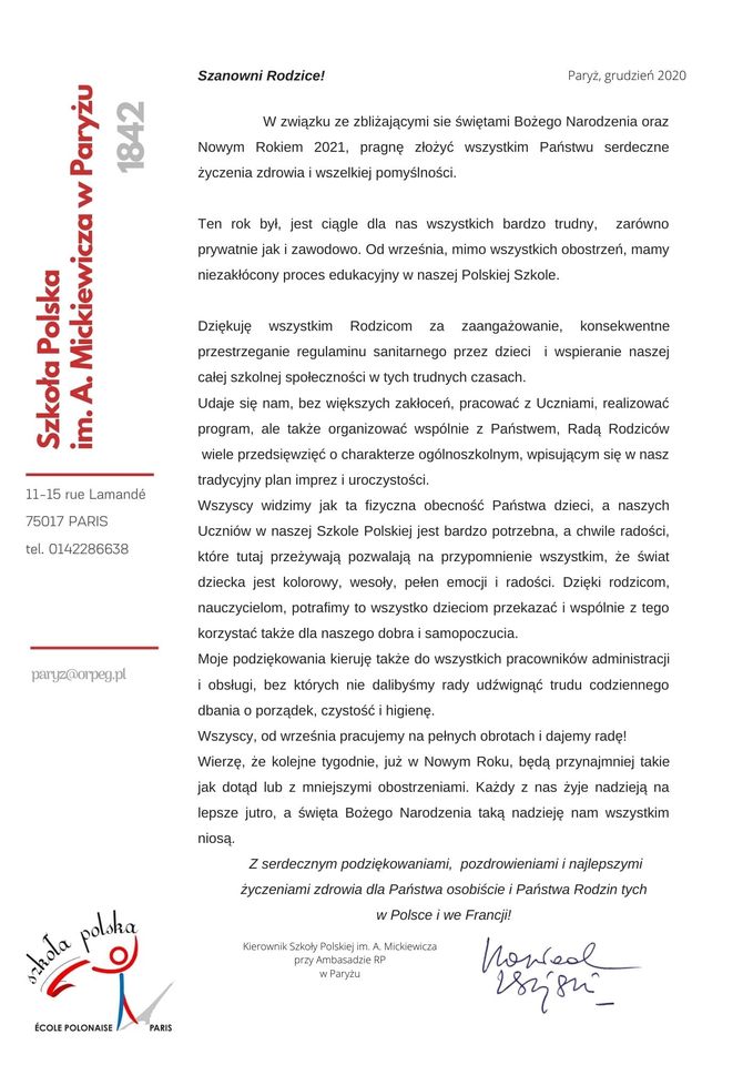 List, życzenia świąteczne i podziękownia Pana Kierownika dla Rodziców naszej Szkoły.