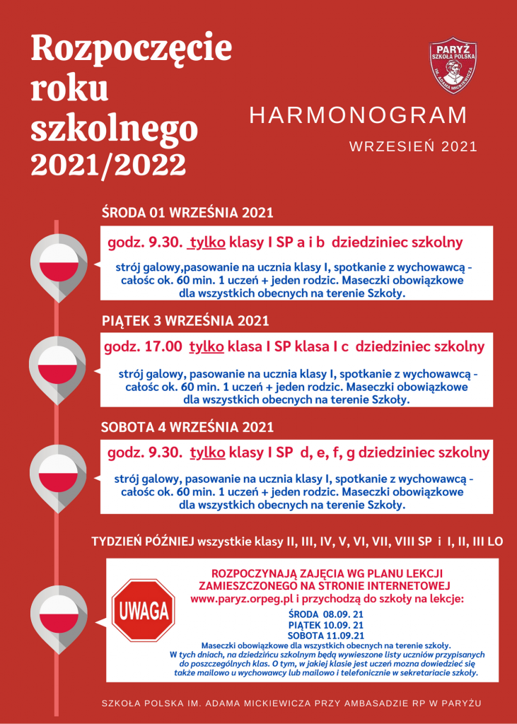 Harmonogram rozpoczęcia roku 2021/2022- przypominamy