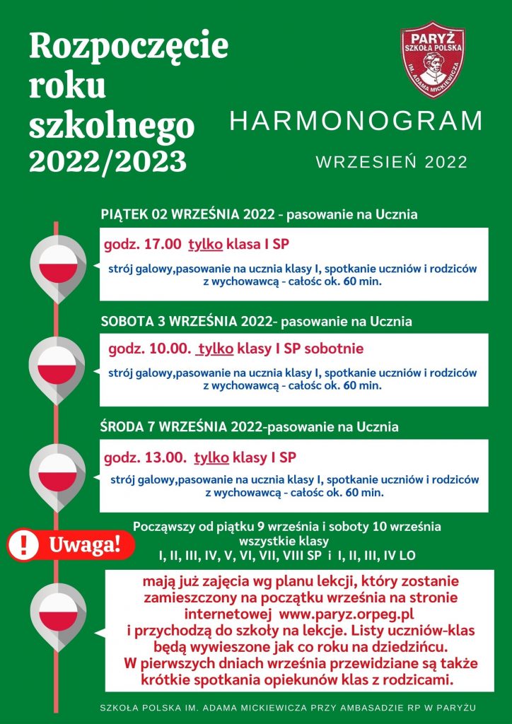 Nowy rok 2022/2023 Harmonogram rozpoczęcia