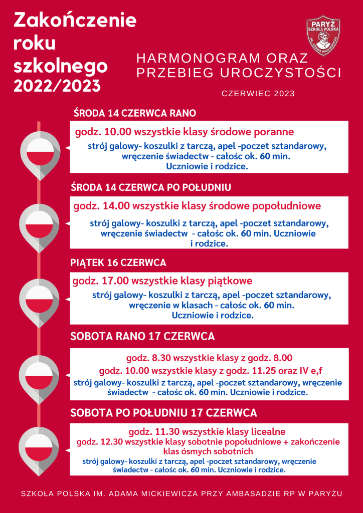 Harmonogram- zakończenie r. szkolnego 2022/2023