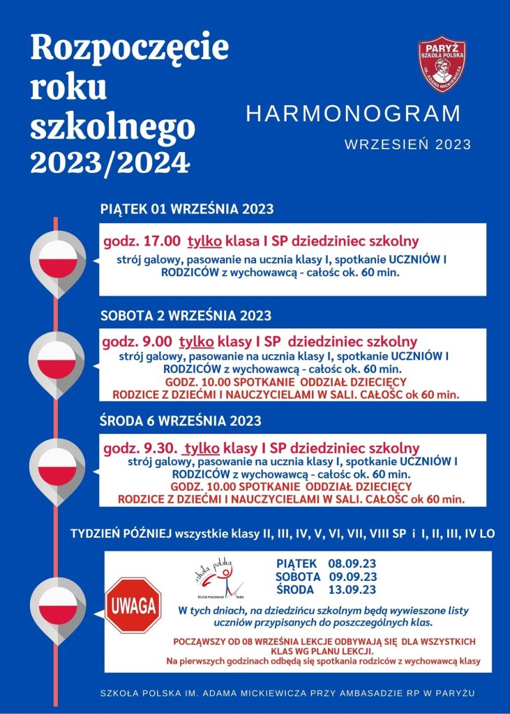 Rozpoczęcie roku szkolnego 2023/2024 harmonogram