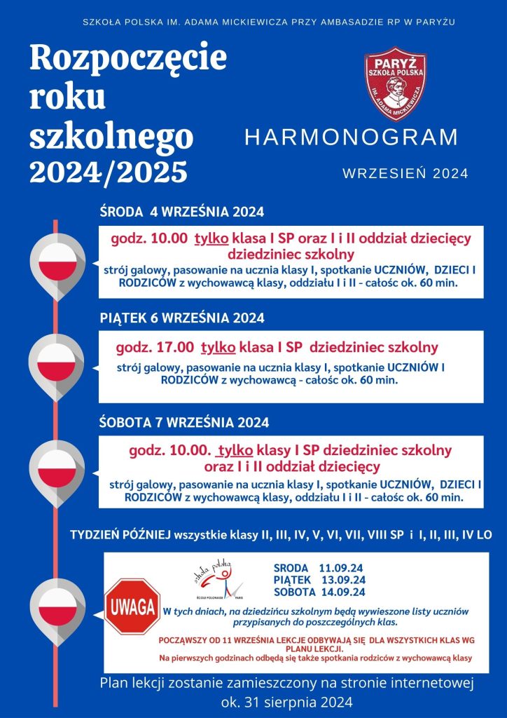 Rok szkolny 2024/2025 harmonogram rozpoczęcia