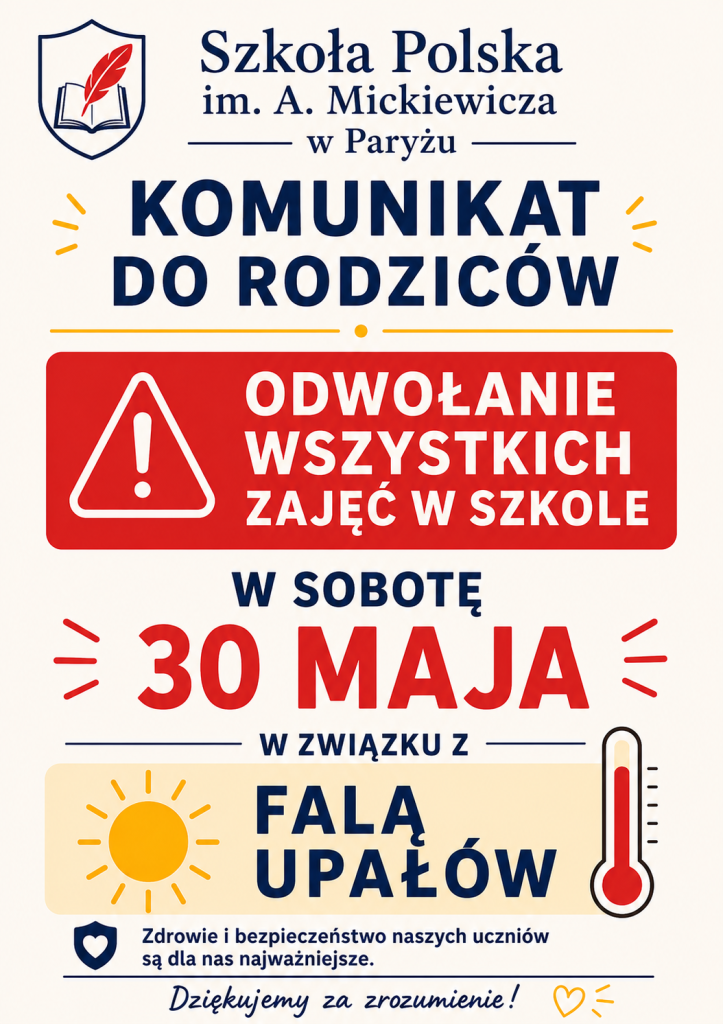 Odwołanie zajęć sobota 30 maja 2026!