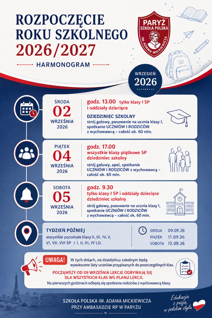 Harmonogram rozpoczęcia r. szk. 2026/2027